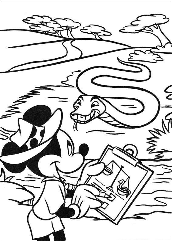Print Mickey ziet een slang kleurplaat